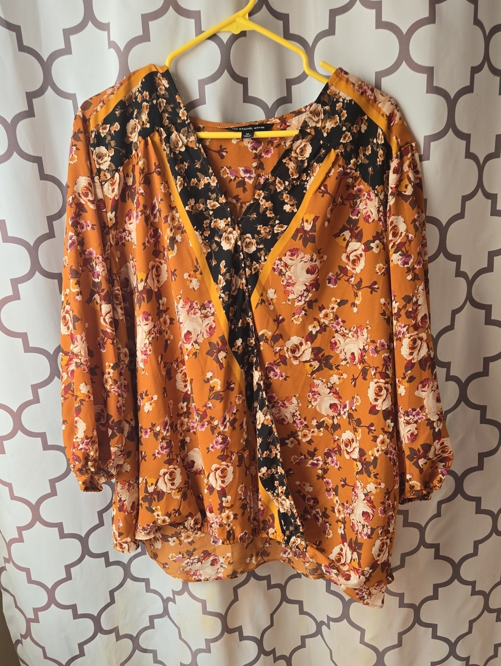 Zac & Rachel Mustard Floral V-Neck Blouse with Black Contrast